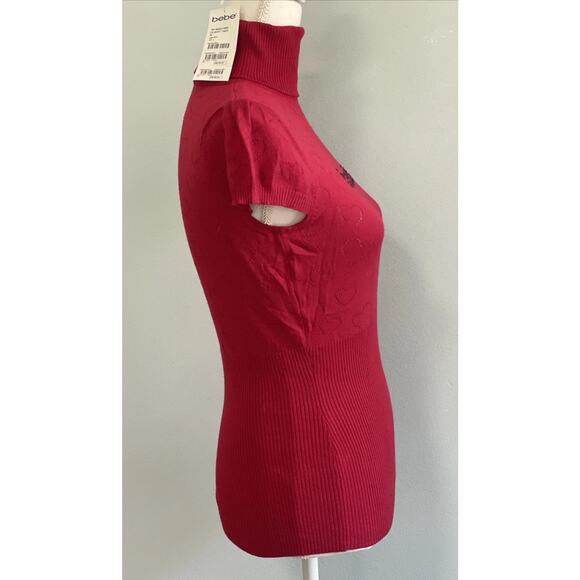 BEBE red ribbed Y2k Vtg Heart turtleneck with bebe Logo Rhinestone Shirt NEW L - Picture 10 of 15